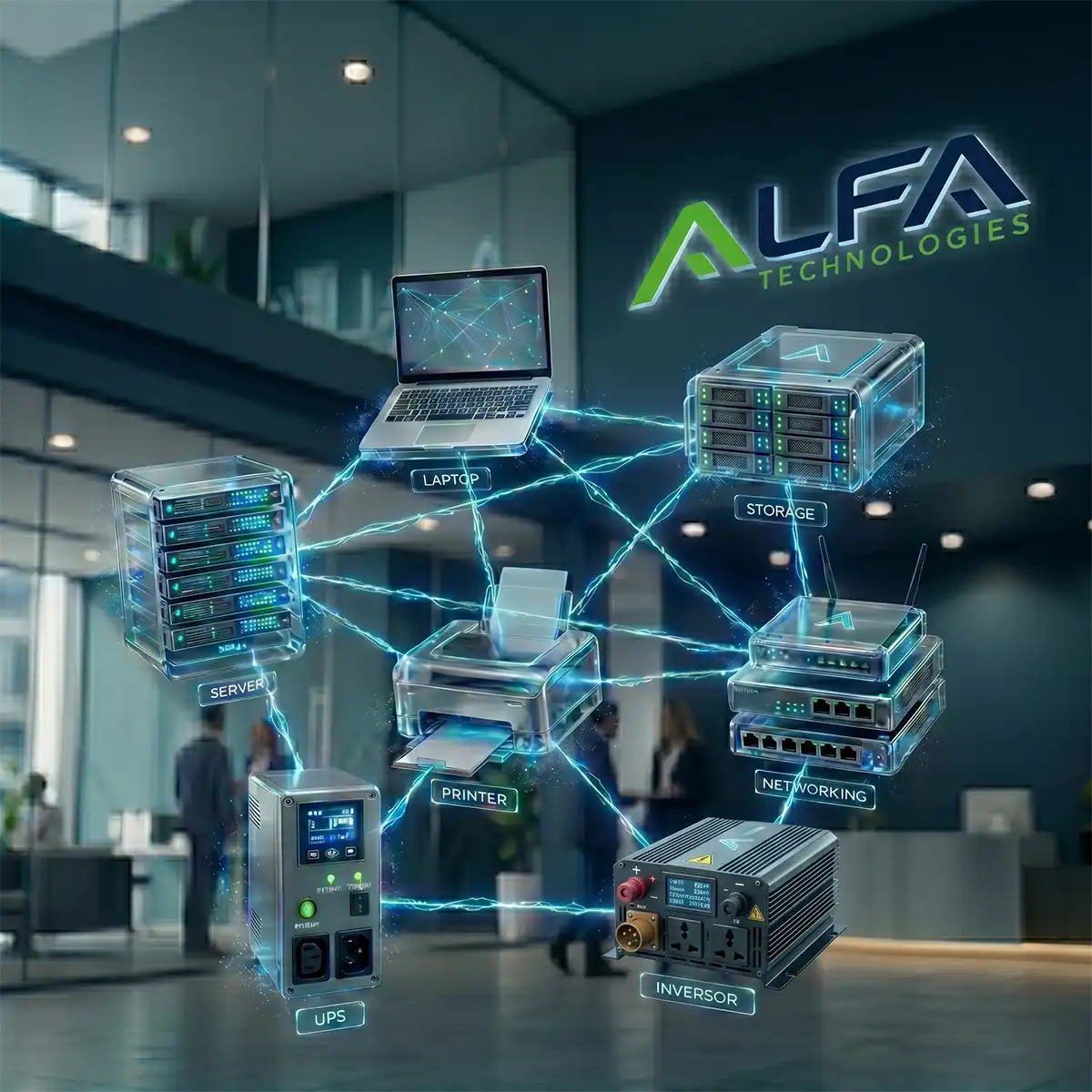 Ecosistema de activos TI interconectados (Servidores, Redes, Laptops y UPS) para mantenimiento preventivo proactivo en Nicaragua por ALFA Technologies.