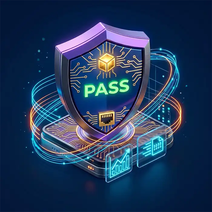 Icono isométrico 3D de un escudo de seguridad con la palabra "PASS", simbolizando la certificación exitosa de cableado estructurado con equipos Fluke DSX-8000 por ALFA Technologies en Nicaragua.