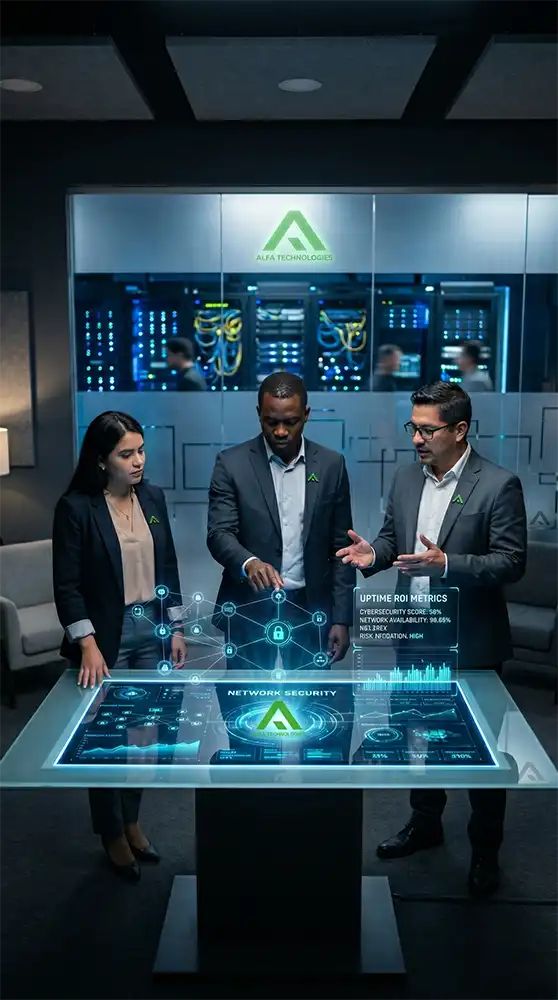 Ingenieros de ALFA Technologies brindando consultoría vCIO estratégica sobre infraestructura Tier III y cumplimiento de la Ley 1223 en Nicaragua