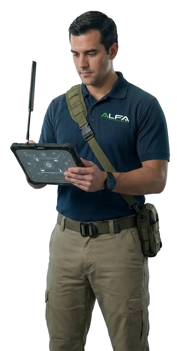 Técnico certificado de ALFA Technologies realizando diagnóstico de redes WiFi corporativas con equipo especializado en Nicaragua.