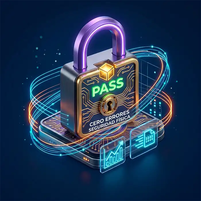Icono isométrico 3D de un candado de alta tecnología con circuitos integrados y el mensaje "PASS", representando la seguridad física y la integridad de datos en instalaciones de cableado estructurado por ALFA Technologies.