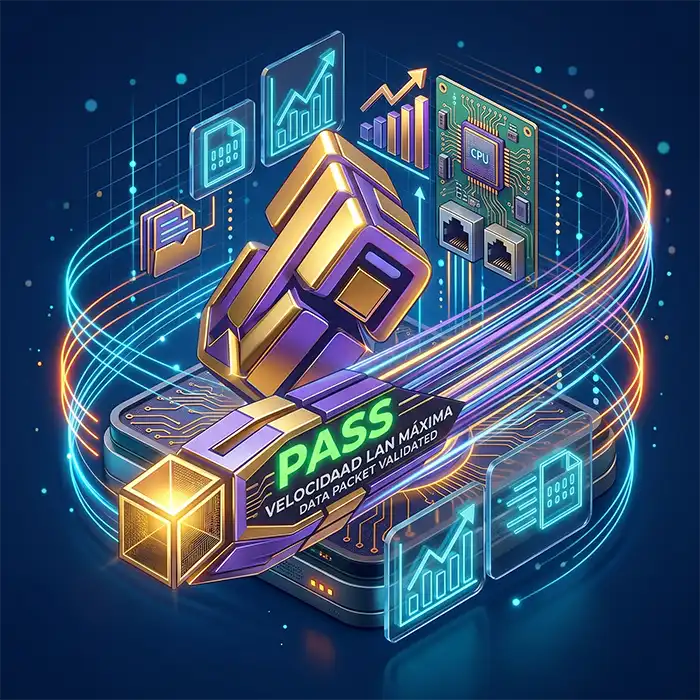 Icono isométrico 3D de alta tecnología que representa la velocidad de red LAN máxima de ALFA Technologies en Nicaragua. Se observa un flujo de datos dinámico, una placa de circuito integrada con puertos Ethernet y el indicador "PASS" de validación técnica.