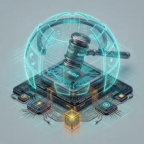 Icono 3D de un mazo de justicia digital de ALFA Technologies con circuitos cian brillantes y la palabra "AUDIT", representando el cumplimiento legal de las Leyes 787 y 1223 (TELCOR) en Nicaragua.