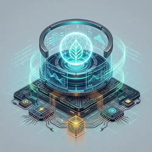 Icono 3D de un rack de servidores Tier III de ALFA Technologies, mostrando una hoja verde brillante para simbolizar la eficiencia energética (PUE) y la infraestructura sostenible en Nicaragua.