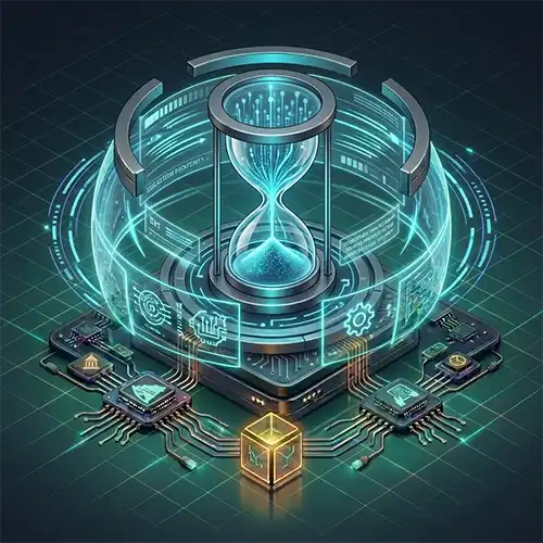 Icono isométrico de ALFA Technologies que muestra un reloj de arena digital de cristal sobre un pedestal metálico con anillos de luz cian. El flujo de datos dentro del reloj simboliza la rapidez de diagnóstico técnico. Todo el conjunto está montado sobre una placa base verde oscuro con circuitos integrados.