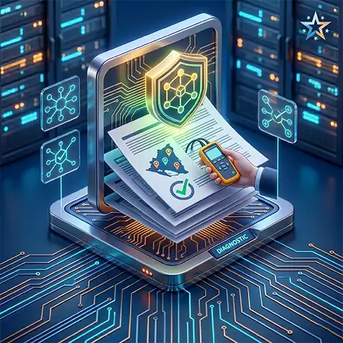 Icono isométrico 3D de un stack de informes técnicos validados, integrando un sello de validación con el mapa de Nicaragua y marcas conceptuales, una hand heroica (cite: image_7.png) haciendo check con un analizador de red Fluke conceptual y diagramas de red verificada.