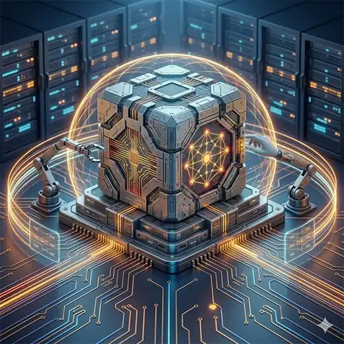 Icono isométrico 3D de un núcleo de datos modular blindado, ilustrando la escalabilidad lógica y el blindaje de red con Kaspersky EDR para infraestructuras tecnológicas de alto rendimiento de ALFA Technologies en Nicaragua.