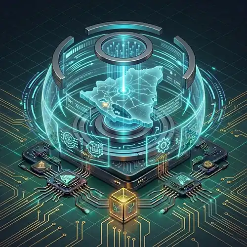 Icono isométrico Deep Tech de ALFA Technologies que muestra un pedestal metálico concéntrico con anillos flotantes de cristal cian. En el centro, un mapa 3D de cristal cian brillante de Nicaragua con un punto de luz en Managua. Todo montado sobre una placa base (PCB) verde oscuro con trazados de circuitos dorados y cian.