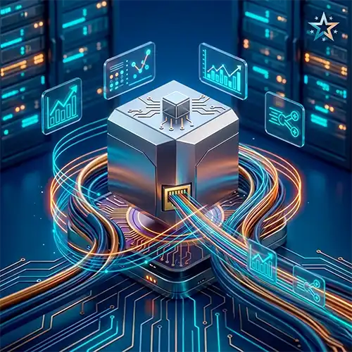 Icono de alto rendimiento y velocidad de red 10Gbps con flujos de datos de fibra óptica para infraestructura IT corporativa certificada por ALFA Technologies en Nicaragua.