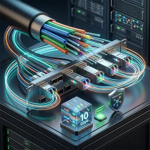Cableado estructurado de fibra óptica y conectores de alta velocidad de 10 Gbps para servidores empresariales por ALFA Technologies.