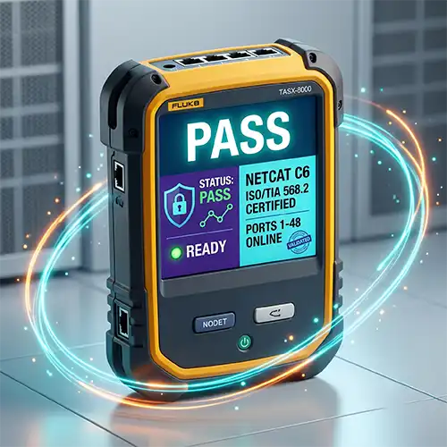 Analizador de certificación de redes Fluke DSX-8000 mostrando un resultado exitoso de PASS bajo normas ISO y TIA por ALFA Technologies.
