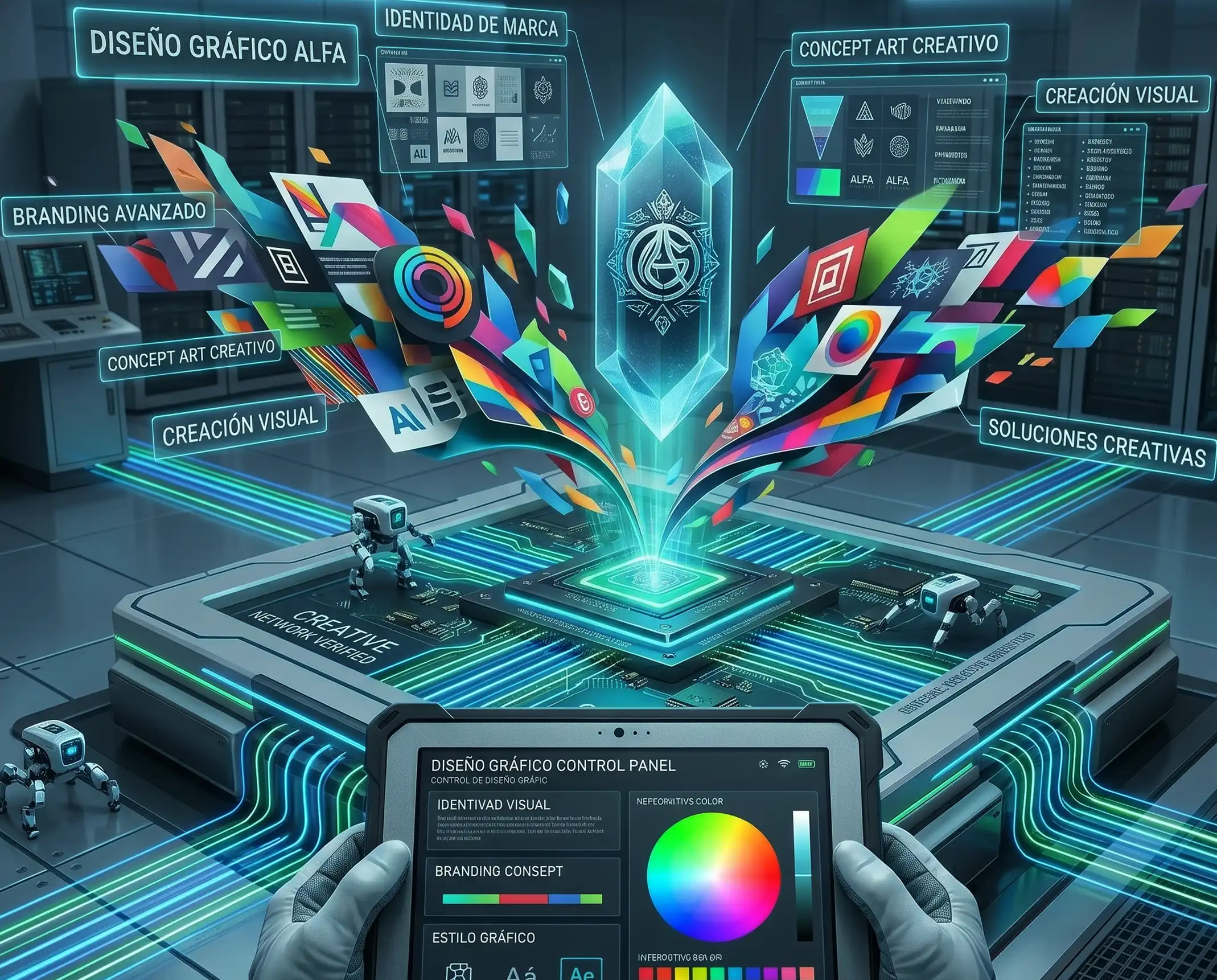 Servicio de diseño gráfico y branding corporativo: Creación de identidad de marca y soluciones visuales avanzadas por ALFA Technologies.