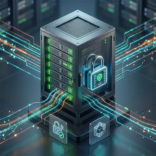 Gabinete rack de servidores protegido con candado digital y blindaje de seguridad física de red por ALFA Technologies.
