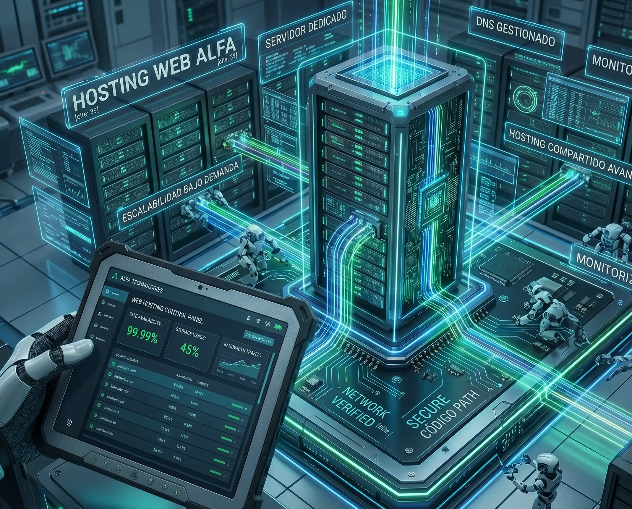 Infraestructura de Hosting Web profesional: Gestión de servidores dedicados y monitoreo 24/7 con tecnología de ALFA Technologies.