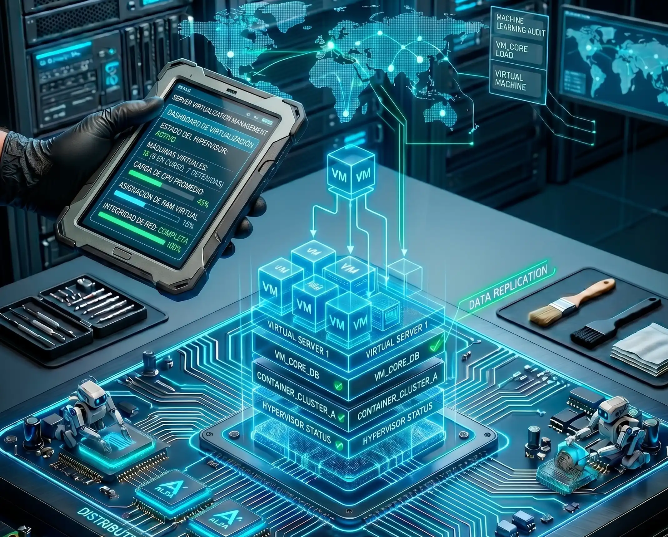 Virtualización de servidores: Gestión eficiente de infraestructura TI y despliegue de entornos virtuales mediante soluciones avanzadas de ALFA Technologies.