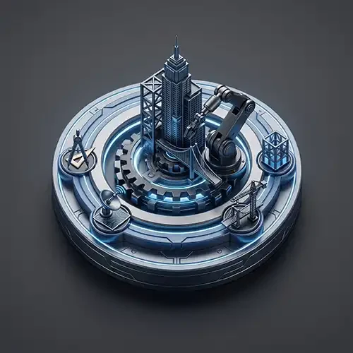 Icono isométrica 3D de Autodesk AEC Collection sobre fondo oscuro, mostrando un rascacielos, un puente y un brazo robótico industrial iluminados con luces de neón cian.