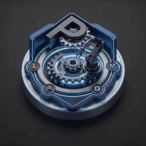 Icono isométrico 3D de Autodesk PD&M Collection sobre fondo oscuro, mostrando engranajes mecánicos, un brazo robótico articulado industrial y la letra P estilizada con iluminación neón azul.