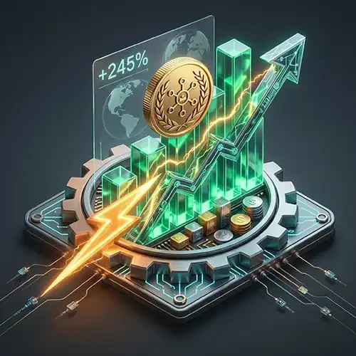 Icono isométrico 3D de alta tecnología que muestra un gráfico de barras de cristal verde esmeralda con una tendencia ascendente, una moneda de oro con el logotipo de ALFA y una pantalla digital que indica +245%, todo sobre una base de ingeniería mecánica.