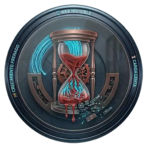 Icono técnico circular estilo glassmorphism que representa la 'Carga Lenta'. Muestra un reloj de arena de cristal donde líneas de fibra óptica cian se transforman en lodo viscoso rojo, simbolizando la pérdida de velocidad y datos. El borde metálico incluye inscripciones grabadas de 'Crecimiento Frenado' y 'Carga Lenta' sobre un fondo oscuro de servidor.