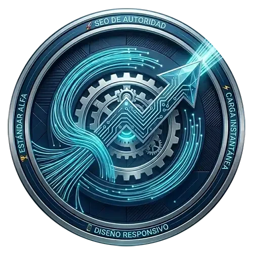 Icono tecnológico circular de alto nivel en estilo glassmorphism que representa 'El Estándar ALFA'. Presenta una flecha de crecimiento ascendente con circuitos integrados y flujos de fibra óptica en color cian brillante. El diseño incluye engranajes metálicos de precisión y etiquetas grabadas: 'SEO de Autoridad', 'Carga Instantánea' y 'Diseño Responsivo', todo sobre un fondo azul profesional de centro de datos.