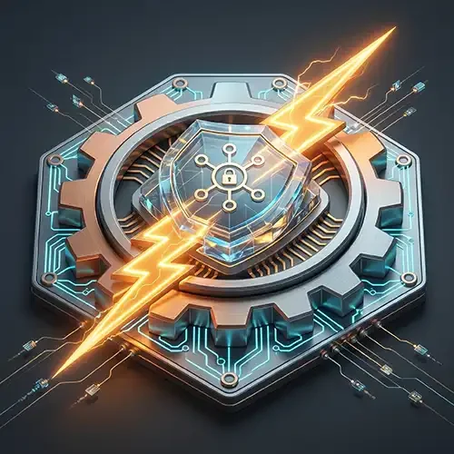 Icono isométrico 3D de alta gama que muestra un escudo de seguridad de cristal transparente con un nodo de red y un candado integrados. El escudo está montado sobre una compleja base de ingeniería con engranajes metálicos y circuitos de neón cian, y es atravesado por un potente rayo de energía ámbar.