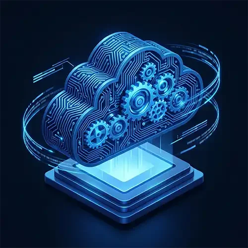 Icono isométrico de una nube geométrica azul hecha de circuitos interconectados con engranajes internos y flujos de datos.