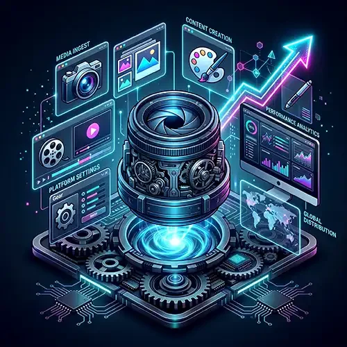 Icono corporativo isométrico de creatividad que muestra un lente de cámara digital con interfaces flotantes de edición de video, fotografía y diseño gráfico.