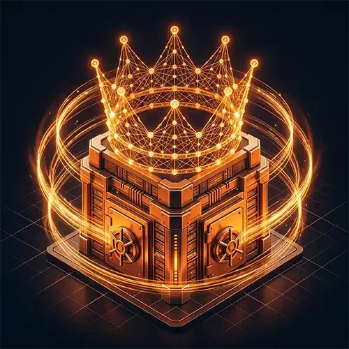 Icono isométrico de una fortaleza de datos naranja coronada por una red compleja de nodos brillantes y flujos de datos swirling.