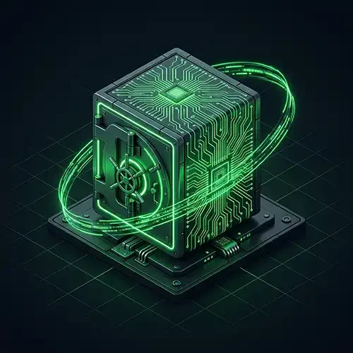 Icono isométrico de un vault de datos blindado con circuitos verdes brillantes y un mecanismo de cierre complejo.