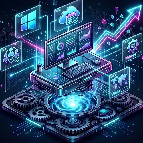 Icono corporativo isométrico de productividad que muestra un computador central con tableros de analítica y flujos de trabajo digitales.