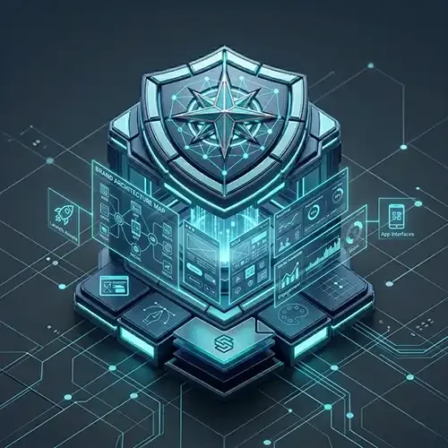 Icono 3D de un núcleo tecnológico con pantallas holográficas de interfaces web y arquitectura de marca, representando el Plan 3 de ALFA Technologies.