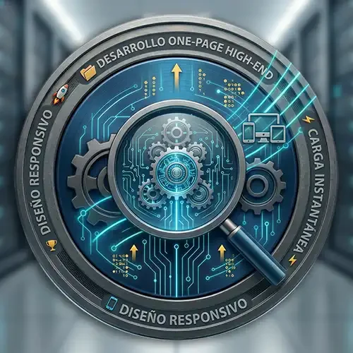 Icono de ingeniería web avanzada de ALFA Technologies para el Plan Autoridad: Anillo metálico con textos de Ingeniería SEO y Optimización WPO, circuitos integrados cian y una lupa central sobre engranajes mecánicos.