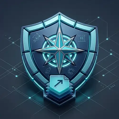 Icono 3D de escudo tecnológico con brújula, representando el Plan Cimientos de identidad visual core para empresas.