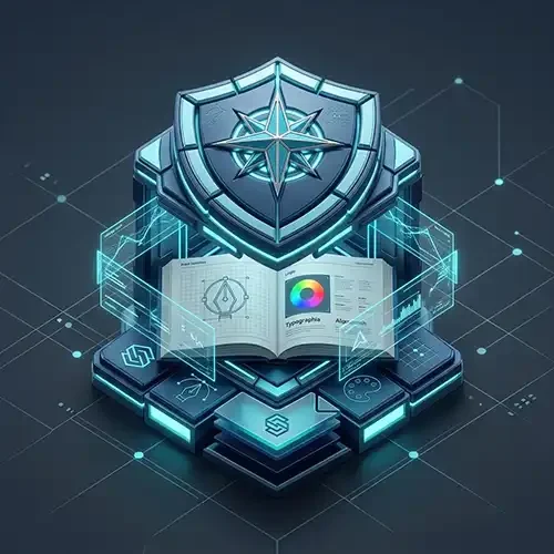 Icono 3D de un manual de marca técnico abierto con esquemas de diseño, protegido por un escudo de seguridad de ALFA Technologies.