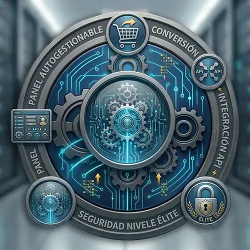 Icono de ecosistema digital complejo de ALFA Technologies para el Plan Enterprise: Incluye indicadores de E-commerce de alta conversión, integración de APIs, panel de gestión autogestionable y candado de seguridad nivel élite sobre una infraestructura de circuitos y engranajes.