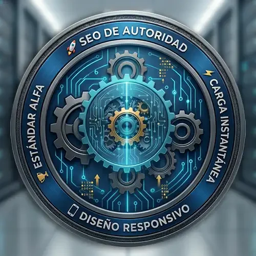 Icono técnico circular de ALFA Technologies para el Plan Presencia: engranajes mecánicos y circuitos digitales en cian sobre fondo de metal cepillado, con textos de Estándar Alfa y Diseño Responsivo.