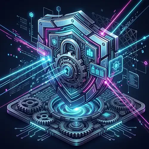 Icono corporativo isométrico de ciberseguridad, mostrando un escudo de blindaje digital con módulos de protección para ALFA Technologies.
