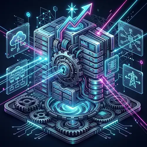 Icono corporativo isométrico de infraestructura tecnológica, mostrando servidores interconectados y entornos en la nube para ALFA Technologies.